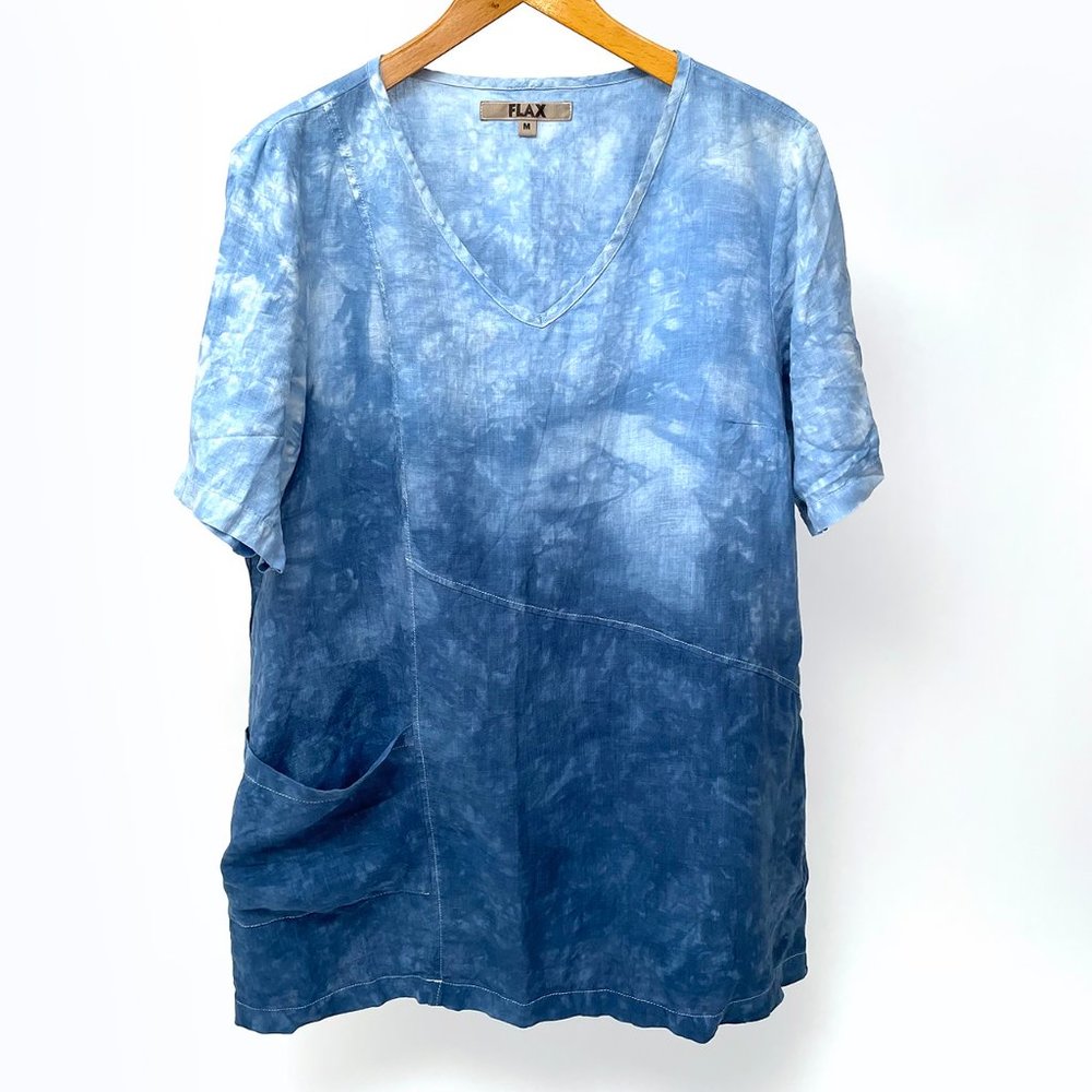 Flax 100% Linen Short Sleeve Tunic T Shirt Ombre Blue, Size M (generous)